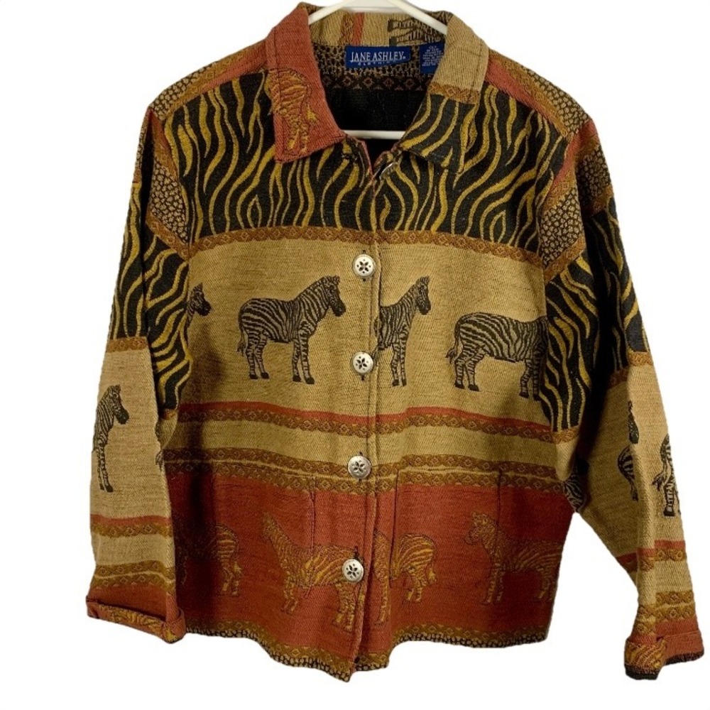 Vintage Jane Ashley Tapestry Jacket Zebra Animal Print Sz L‎ Safari Boho Heavy